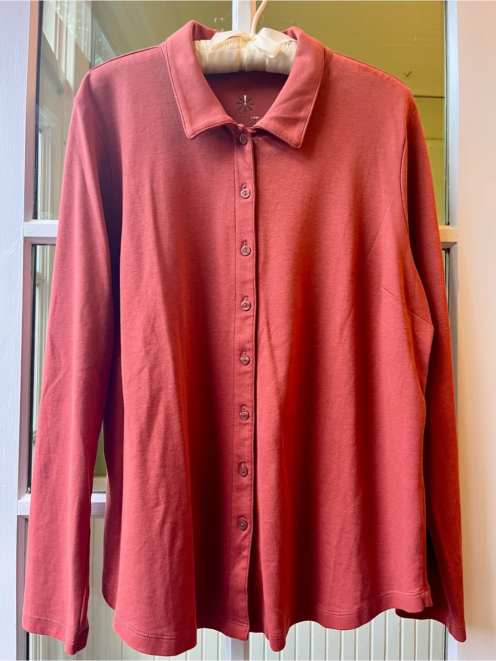 Isaac Mizrahi Soft Long-Sleeve Button-Up Shirt in Burnt Orange or Rust Red